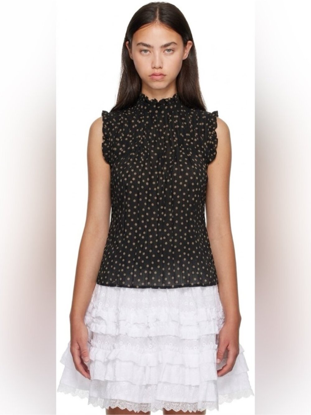 GANNI 2025 Polka Dot Print Mock Neck Smocked Ruffle Pleated Flowy blouse top XS